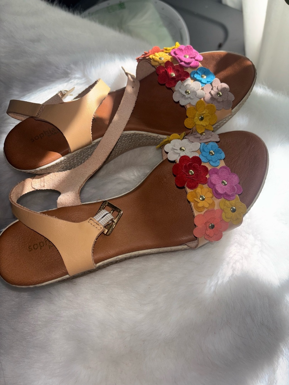 Sophia Milano Tan Sandals with Multicolor Floral Appliqués